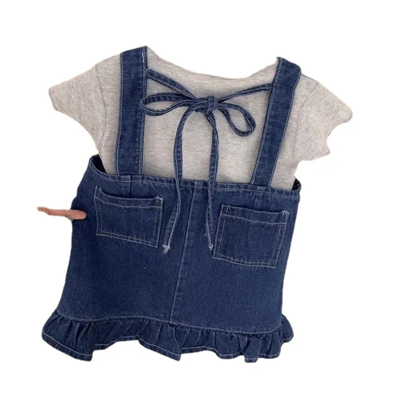 Summer Girls\' Clothing Sets Casual Style Pocket Denim Suspender Dress +Short Sleeve 2Pcs Baby Kids Children Clothes Suit