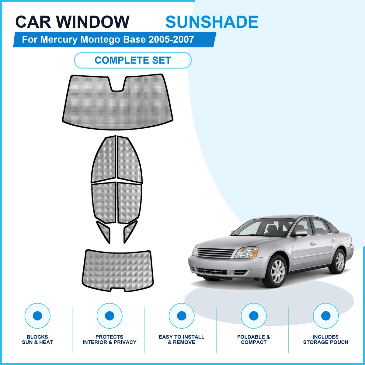 For Mercury Montego Base 2005-2007 Custom Full Set Window Sunshades Aluminum Foil Suction Cup Anti UV Privacy