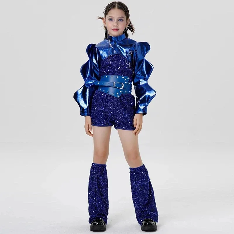 Kid Street Dance Costume Jazz Clothing Blue Sequins Kpop Outfit For Girls Hip Hop Dance Clothes Stage Catwalk Rave Wear XS9031