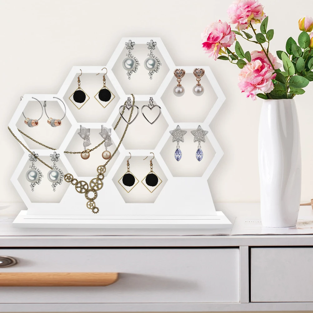 Earring Holder Unique Jewelry Display Stand Studs Storage Rack Heavy Honeycomb Wooden