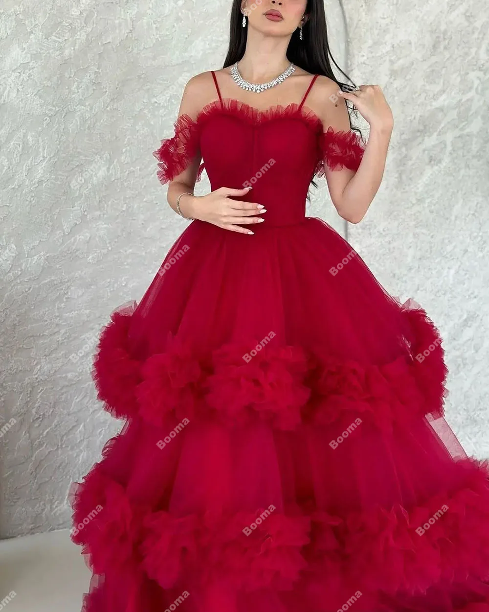 Booma Dark Red Off Shoulder Prom Dresses Ruched Tiered Tulle Evening Party Dresses Floor Length Formal Occasion Gowns for Women