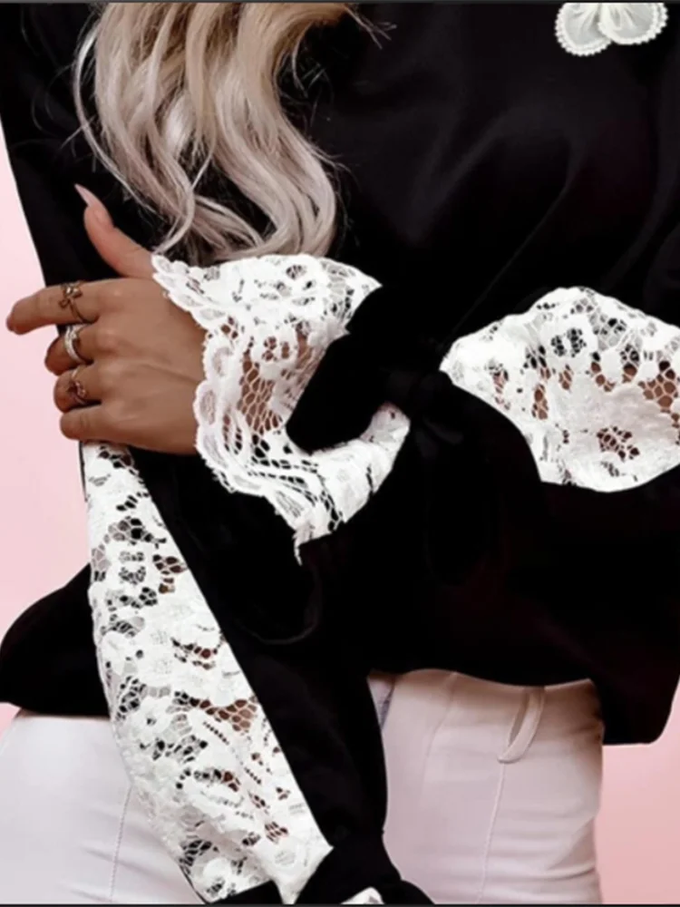 Autumn Splicing Lace Flare Long Sleeve Three Dimensional Flower Lace Up T-shirt High Street Daily Fashion Elegant Women\'s Top