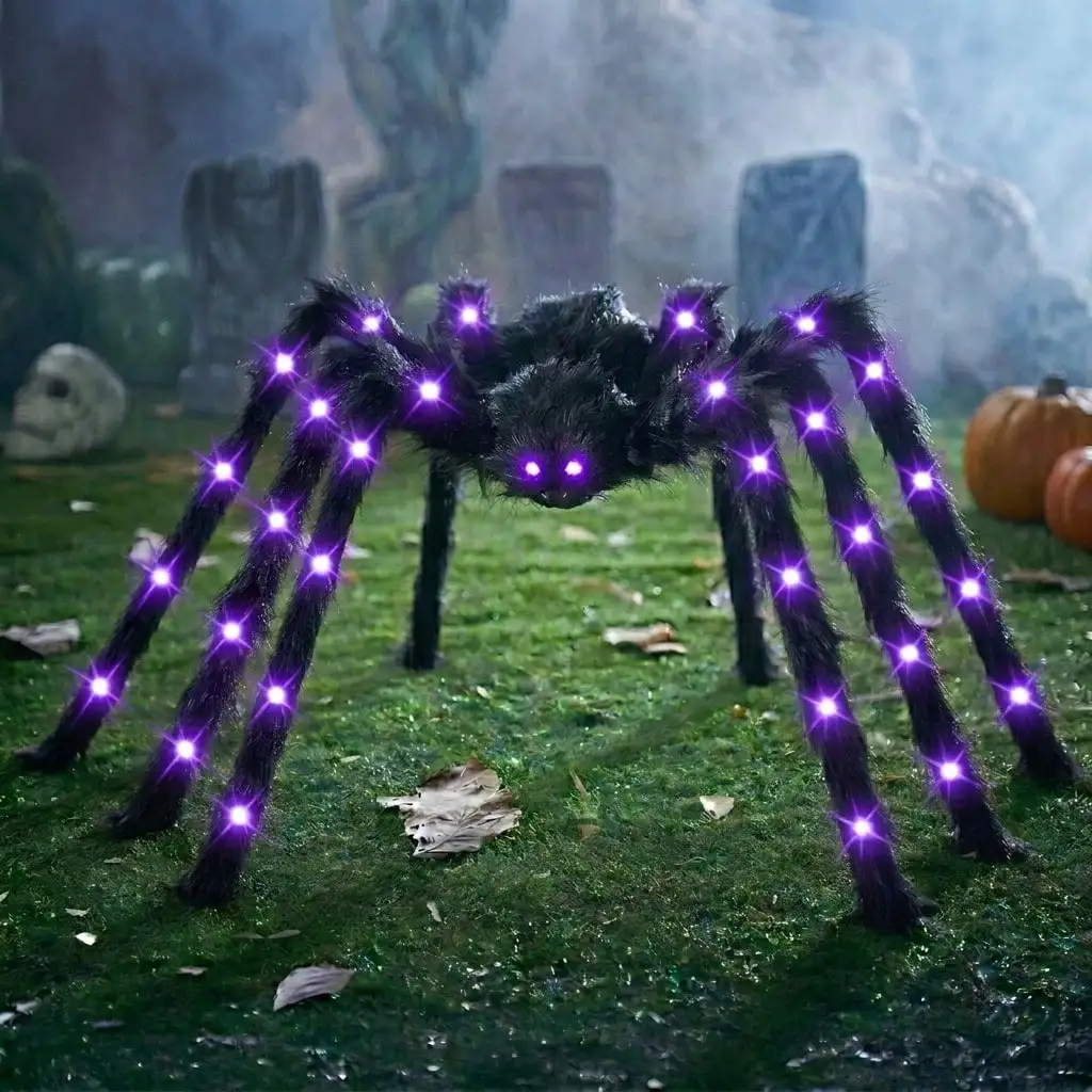 6.6FT Halloween Scary Giant Light-Up Spider Decoration, Realistic Fake Hairy Spider Prop for Indoor & Outdoor Use—Yard, Garden,