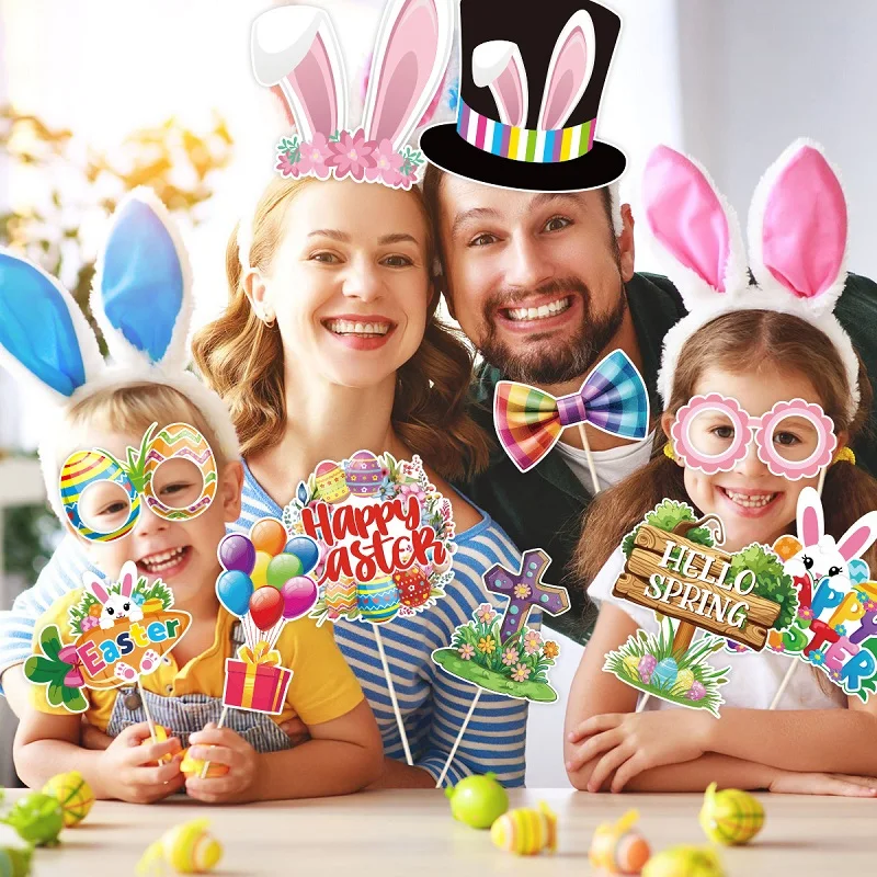 30pcs Happy Easter Photo Props Day Theme Party Handheld Dress Up