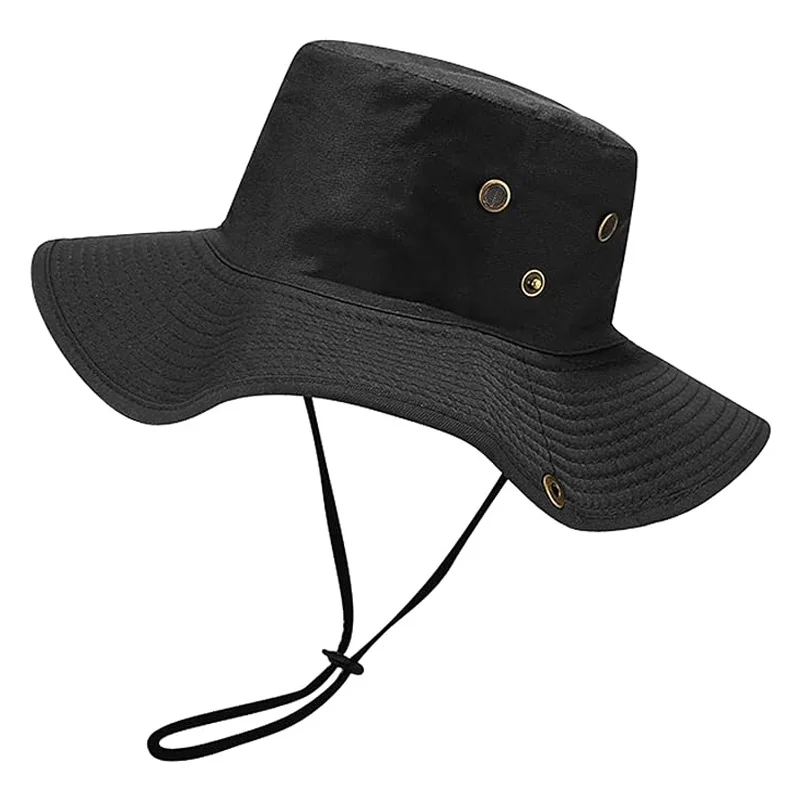 New Plain Cotton Sunshade String Fisherman Hat Outdoor Safari Fishing Hiking Beach Hats Wide Brim Bucket Hat With Rope Sun Cap