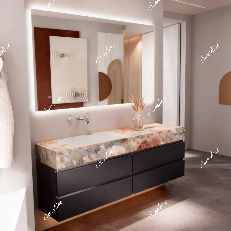 Rock slab seamless integrated basin, bathroom cabinet combined bathroom, light luxury, customized