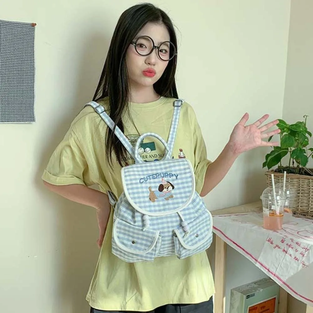 

Sweet Korean Drawstring Backpack Bow Scratch Prevention Women Daily School Bag Flip Up Polyester Embroidery Puppy Plaid Daypack