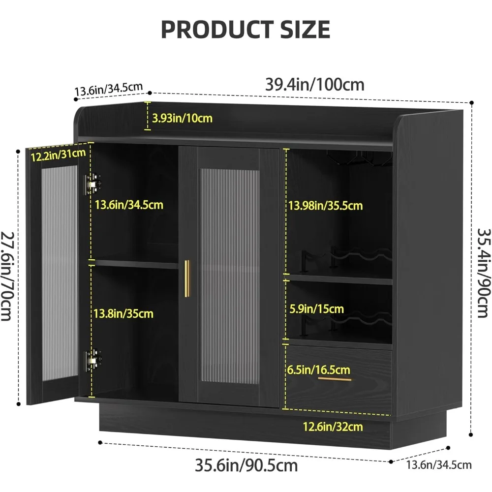 Lemari Bar Anggur Hitam dengan Lampu LED Kontemporer, Desain Mengambang untuk Penyimpanan Kopi, Bufet Dapur, Lebar 35,43 x Tinggi 15,7