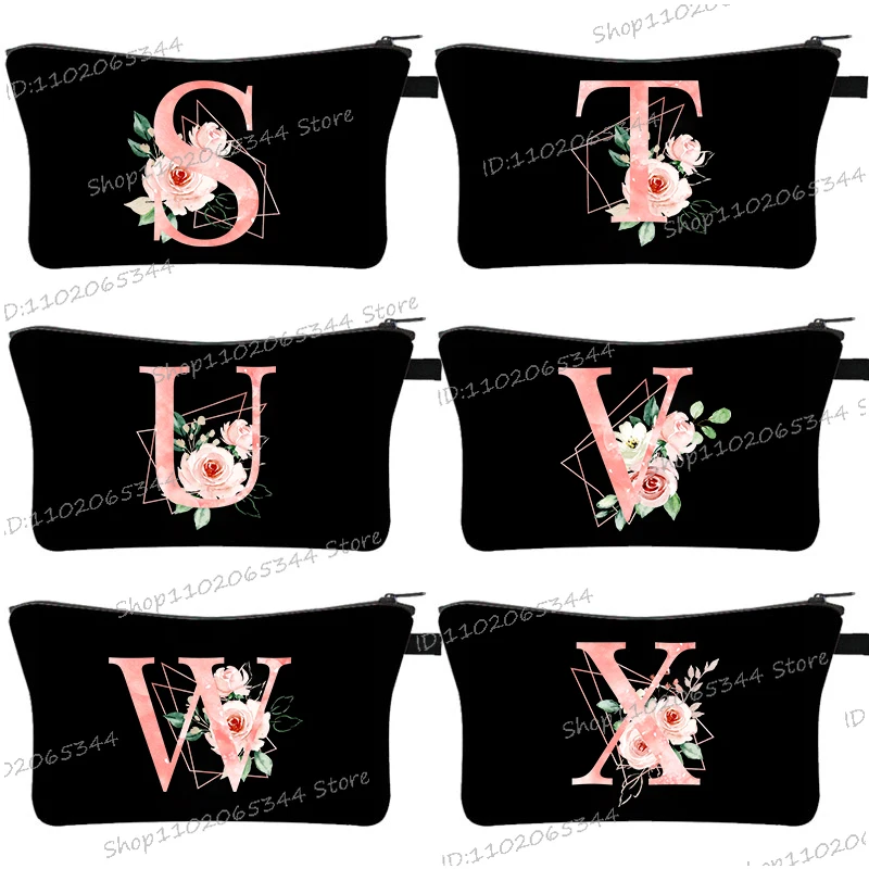 Women's Makeup Bag Pink Floral Pattern Alphabet ABCDEF... Zipper Cosmetic Lipstick Storage Bag Portable Travel Toiletry Bags