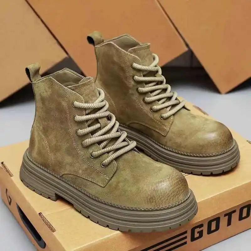 

Brown Boots Men's Platform Boots Retro Military Style Ankle Boots Texture Upper Thick Bottom Lace Design Work Clothes Style 2025