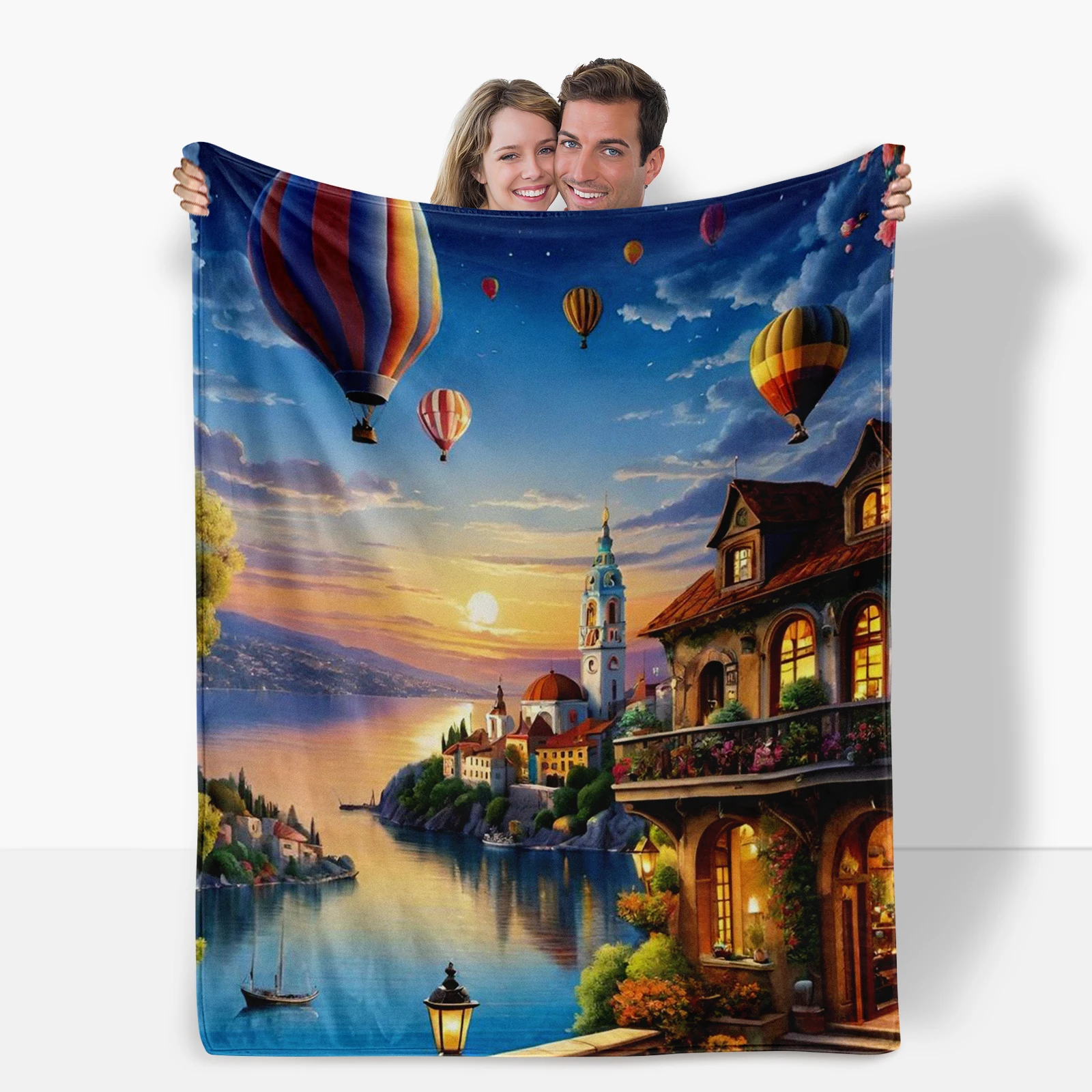 Cartoon Depiction Of River Cottage And Hot Air Balloons Makes This Blanket Ideal Gift