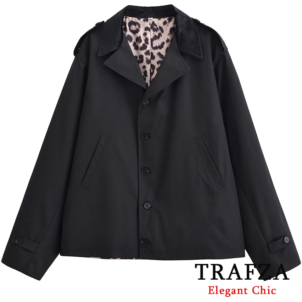 

TRAFZA Women Classic Trench Coat Leopard Inside Short Jacket Coat 2025 New Fall Fashion High Street Casual Commute Lady Coat
