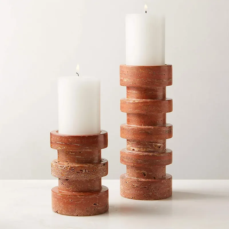 Custom 1 Set D10x14CM/25CM Spiral Red Travertine Stone Candle Holder Marble