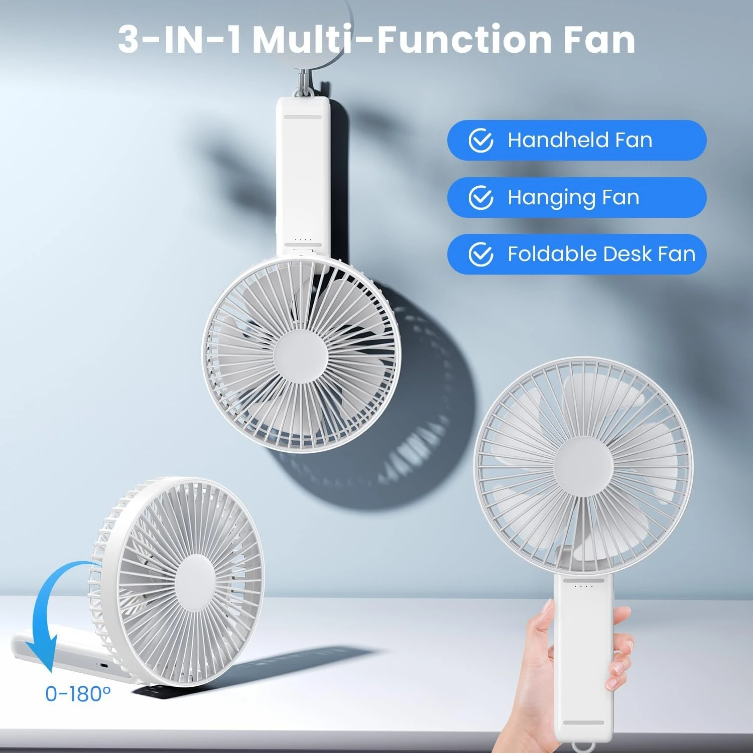 

Silent Handheld Fan Multifunction Portable Camping Tripod Fan Rechargeable White Quiet Fan with for Outdoor Home Office Travel