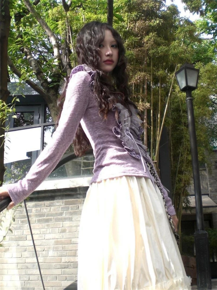 Y2k 美的フリルパッチワークセーター原宿女性セクシーな包帯ストリートウェアジャンパー秋グランジヴィンテージ妖精プルオーバー