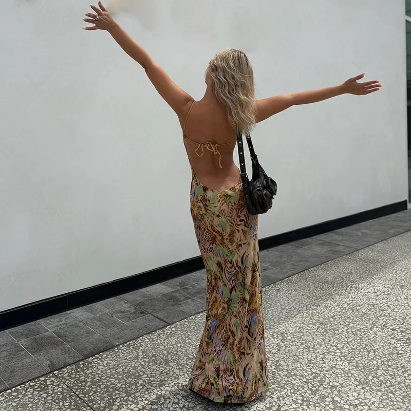 Nova chegada moda impressão vestido de dupla camada sedutor recorte sem costas cabido versátil sem alças maxi vestido