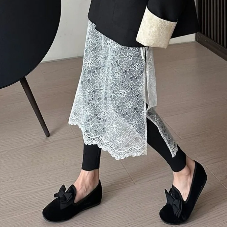 See Through Long Skirt Women White Korean Fashion High Waist A-line Sequin Lace Patchwork Sexy Transparent Mesh 