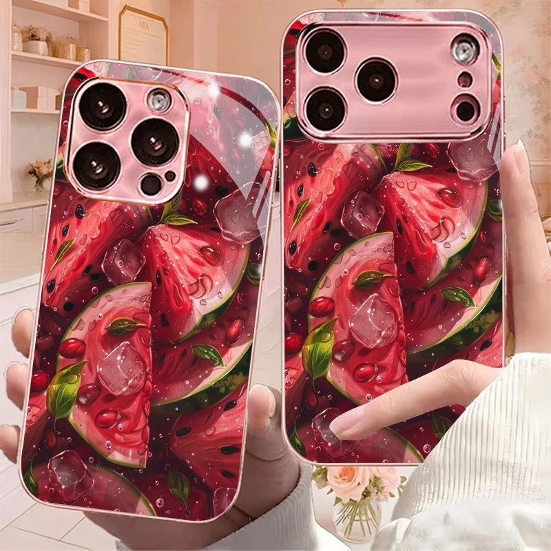Iced Watermelon Art Electroplated Pink Glass Phone Case For iPhone 18 17 16 15 14 13 12 11 Pro Max 15 14 Plus 17Air E Back Cover
