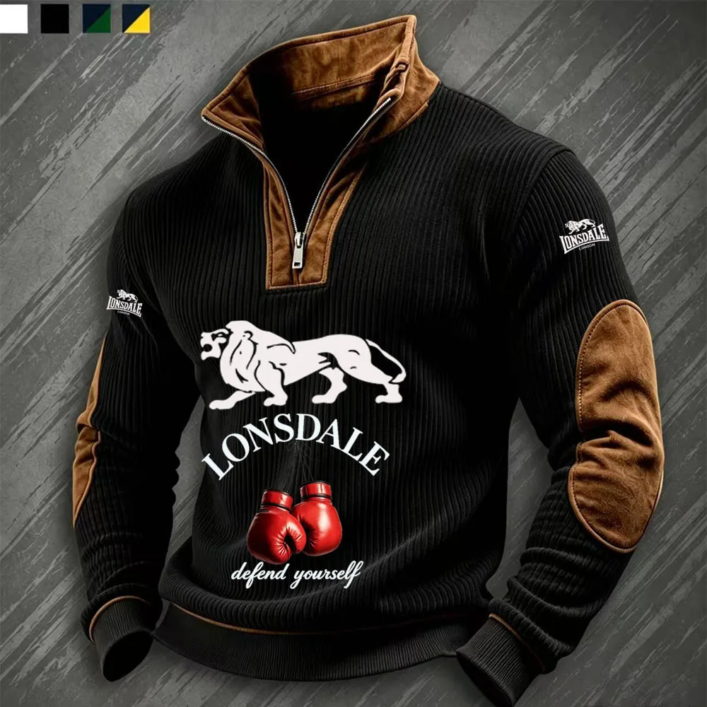 2026 hot selling autumn and winter European men's LONSDALE printed casual stand up collar polo long sleeved sweatshirt jacket
