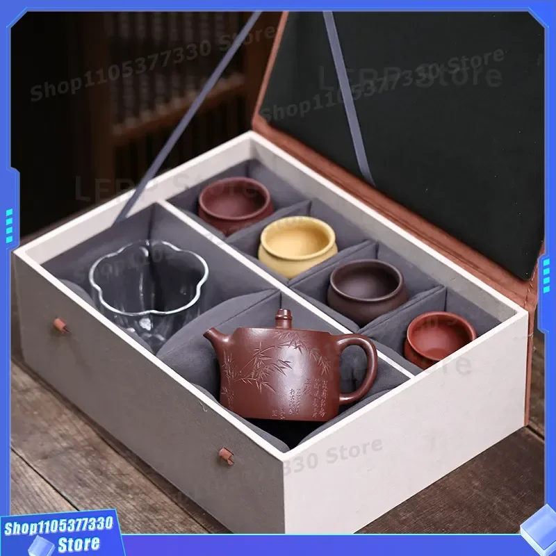 Yixing Purple Clay Teapot Set with 4 Cups and Fair Cup Complete Gift Box Business Tea Ceremony Combination for Office Home