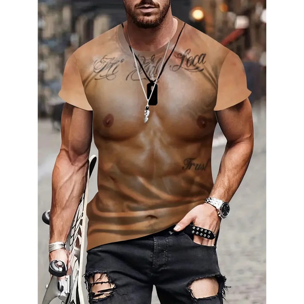 2022 Summer Funny 3d Muscle T Shirt Men\'s New Short-sleeved Fitness Cool Top Tee Streetwear Cosplay Fake Muscle T Shirt Belly