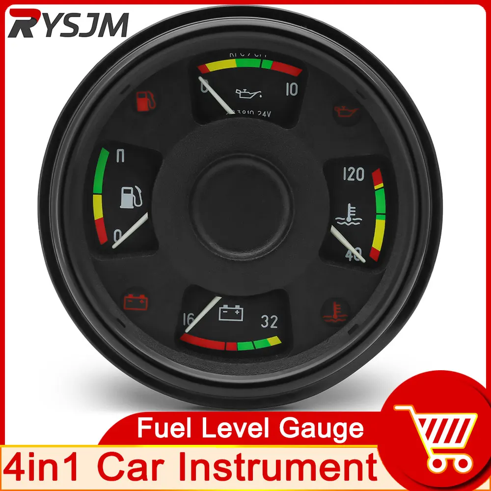 140mm 4in1 Car Fuel Level Gauge Oil Pressure Water Temp Volmeter + Warning Indicator12V Volt Electrical Mechanical Car Pointer