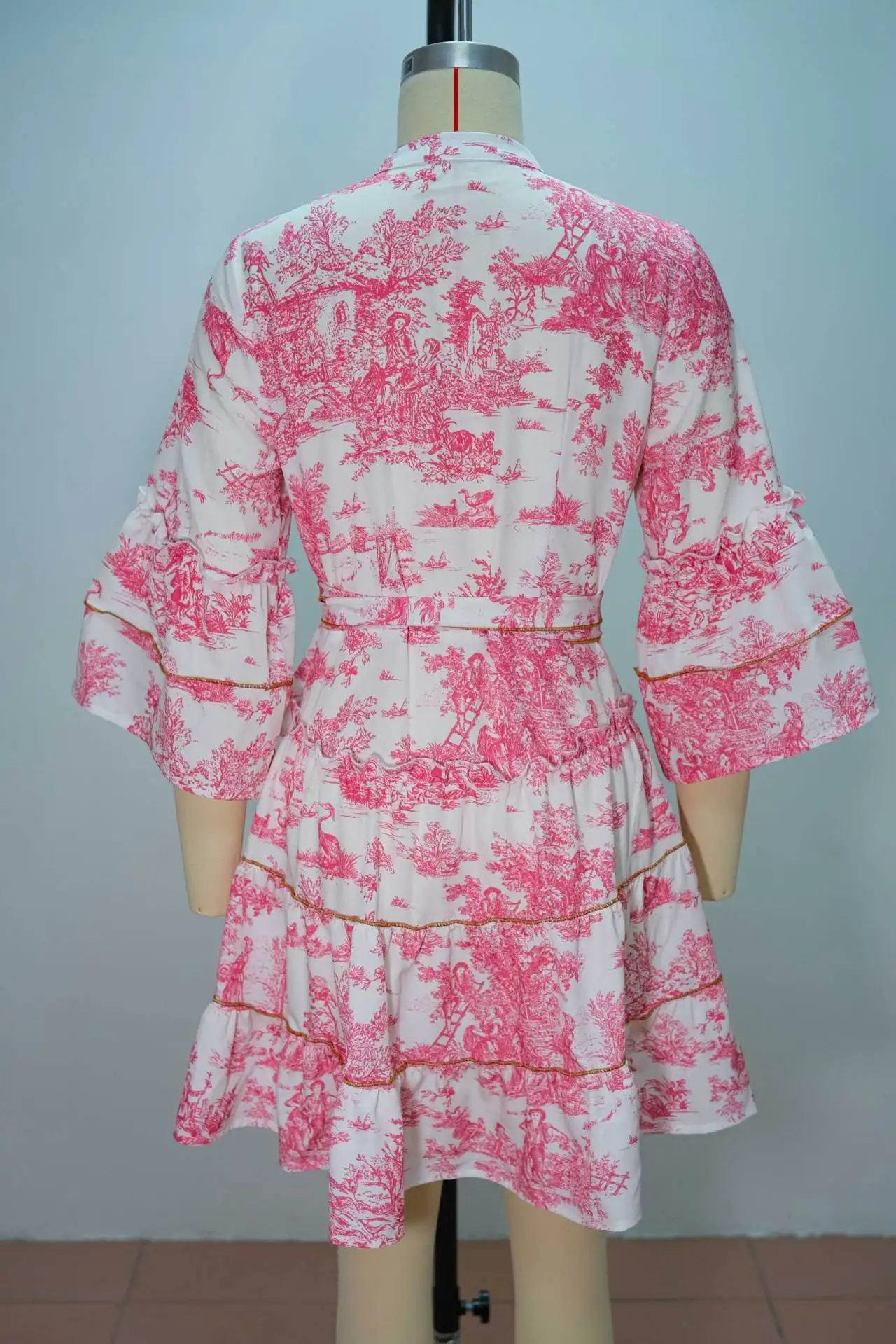 Vintage Bedrucktes Schnür-Minikleid für Damen Mode Gerüschtes Plissiertes Kleid mit Langen Ärmeln High-Street-Stil mit Bindegürtel Damenkleider – Detail 7