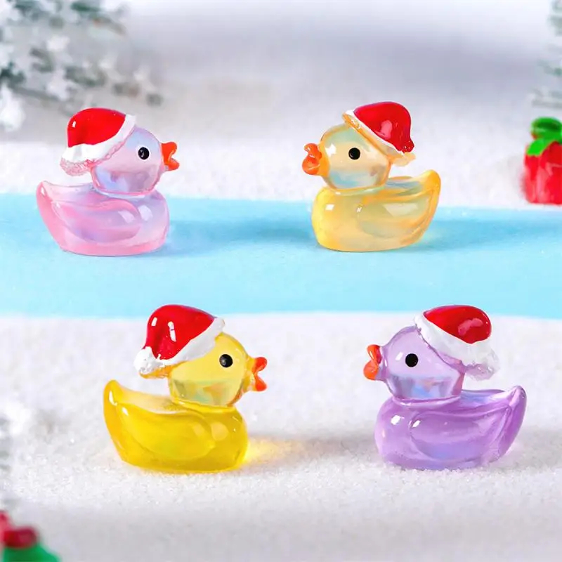 Christmas Mini Resin Ducks Glitter Miniature Christmas Hat Duck Figures Shine Tiny Duck Ornaments Micro Landscape Decor