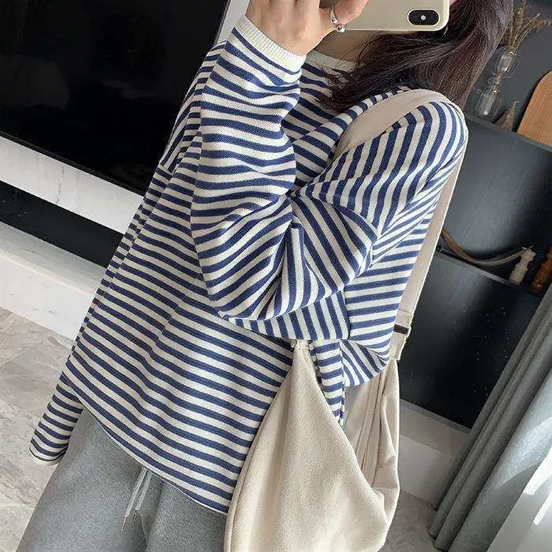 Autumn Women's Striped Crewneck Pullover Sweater Han Fan Brand Long Sleeve Cotton Comfortable Fit Fashionable Casual Wear