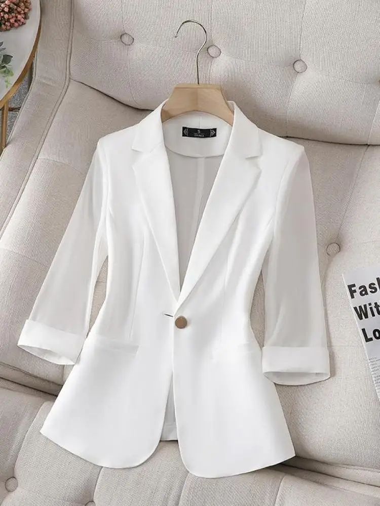 ربيع الخريف أسود أبيض أنيق متعدد الاستخدامات سبعة أرباع كم السترة معطف المرأة الأخضر زر واحد مكتب سترة 2025 الكورية