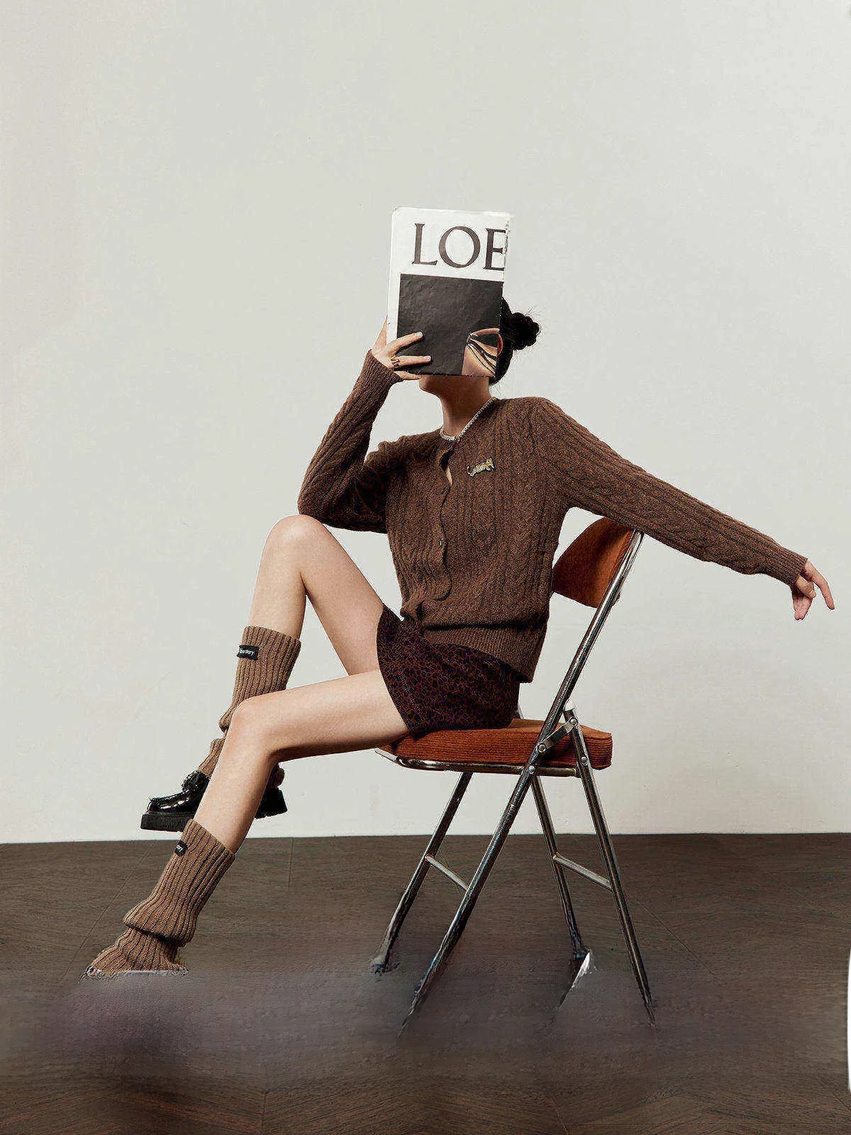 

Cé Brown ort Knitted Sweater for Women with Leopard Sve Patch Commute Sle Knitwear Warmth Heating round Ne Button up