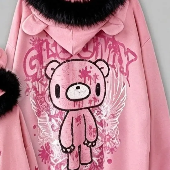 Gothic Kawaii Jirai Kei Women Distressed Gloomy Bear Print Pink Furry Trim Bear Ear Oversized Zip Hoodie Harajuku Casual Outfit