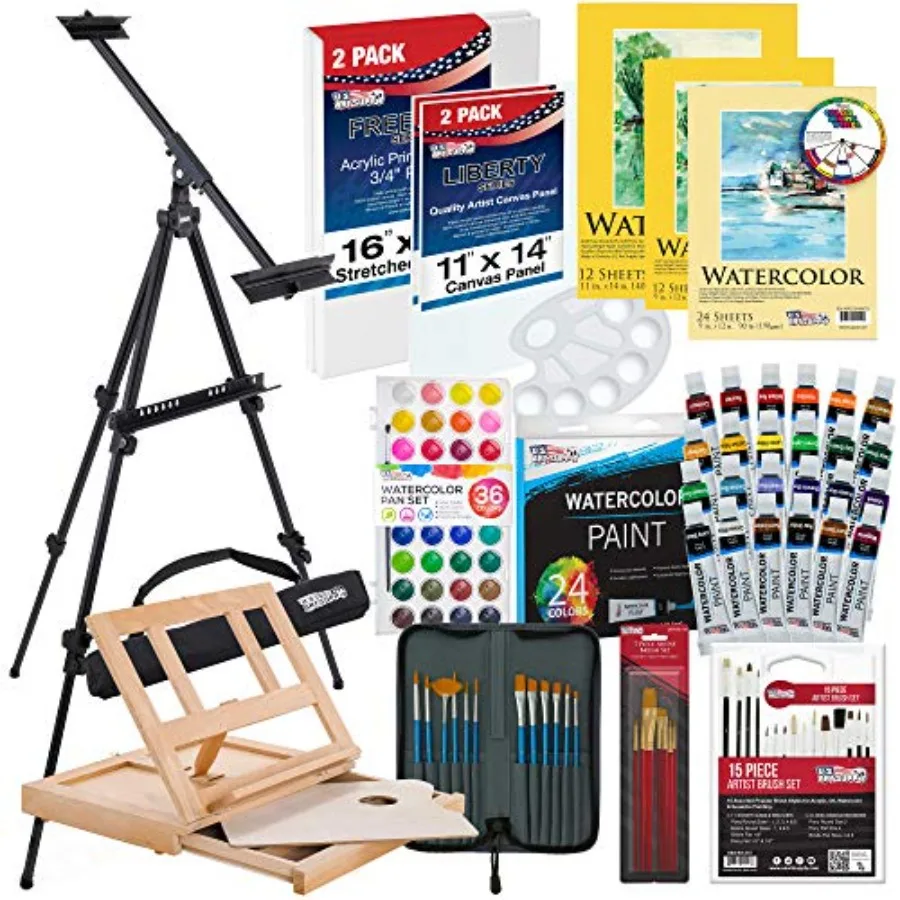 

70-Piece Artist Watercolor Painting Set with Aluminum Field Easel Wood Table Easel 60 Watercolor Paint Colors 34 Brushes 2 Stre