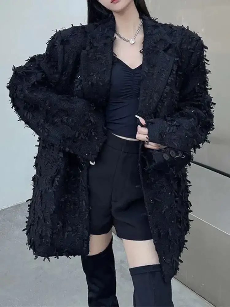 Street Black Jacket American Retro Loose All Match Tassel Temperament Fashion Blazer Coat Women Spring Autumn 2025