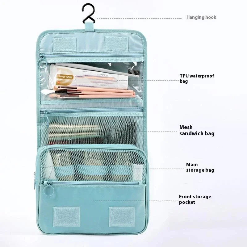حقيبة مكياج للسفر بسعة كبيرة مقاومة للماء للجنسين مع خطاف تعليق مريح لتخزين مستحضرات التجميل