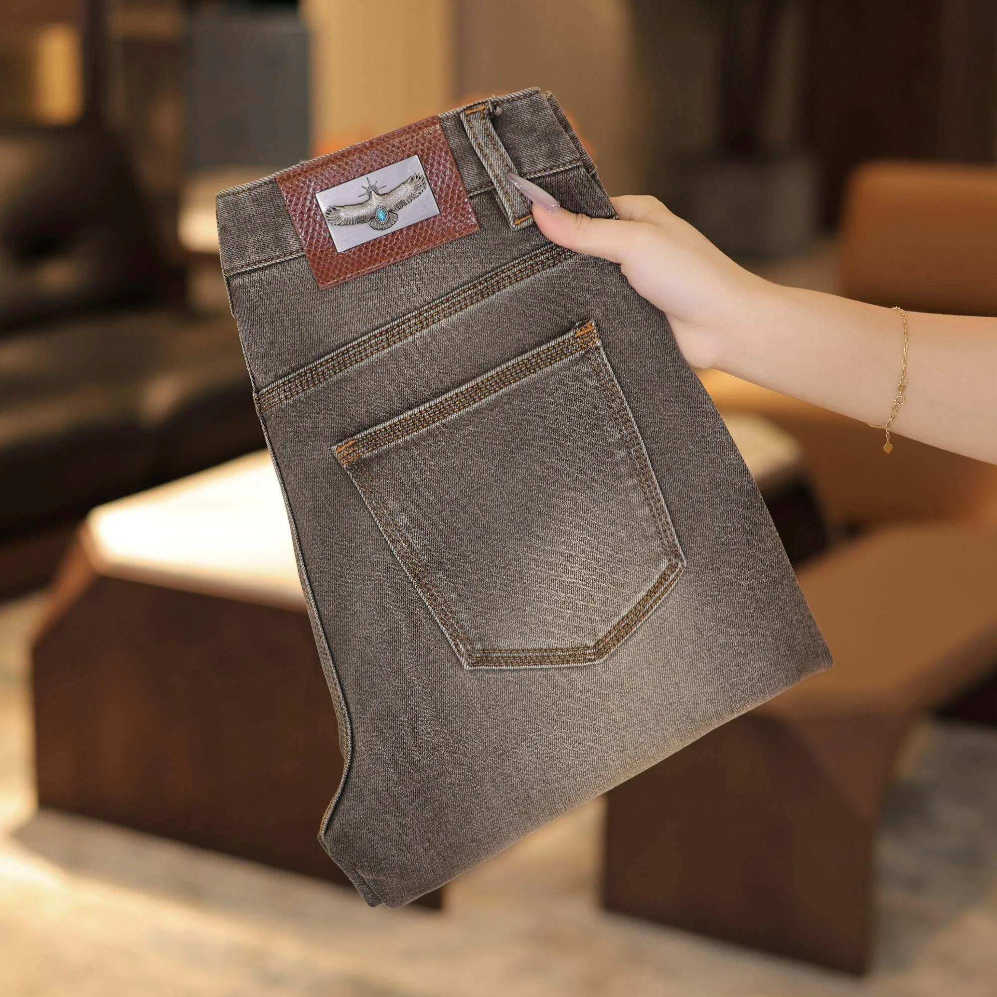 

Thickened Fleece Business Luxury Slim Fit Straight Leg High Waist Men's Jeans Cotton Polyester Blend Autumn Winter Trousers