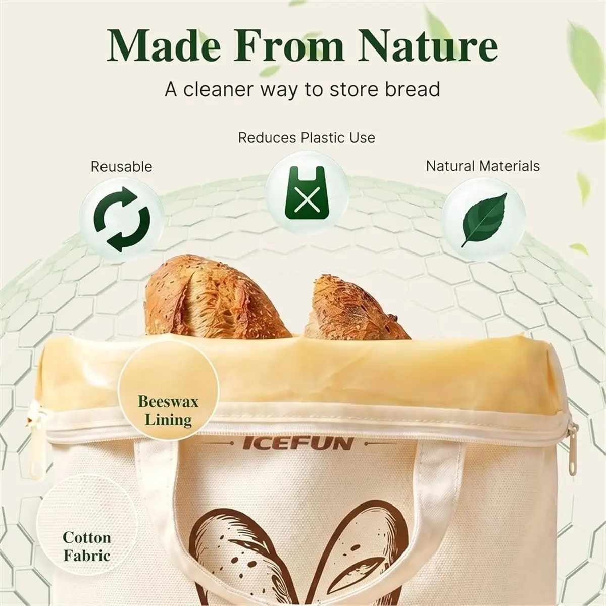 Wide-Opening U-Zipper Beeswax Bread Bag 2 Pack, Beeswax Bread Bags for Sourdough, Easy to Clean Reusable Bread Bag