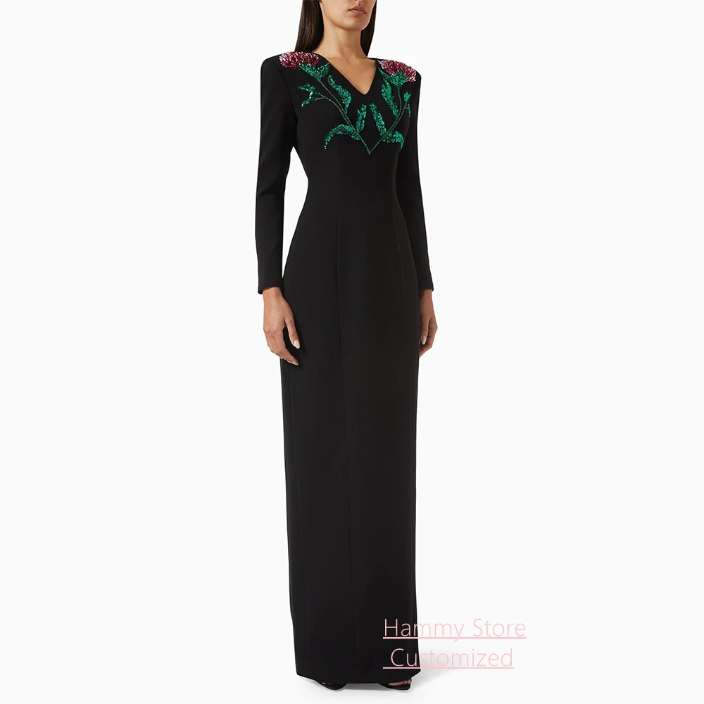 Customized Simple Evening Dress Fashion Small V Neck Full Sleeves Beading Sequined Back Split Floor Length Black Prom Gown