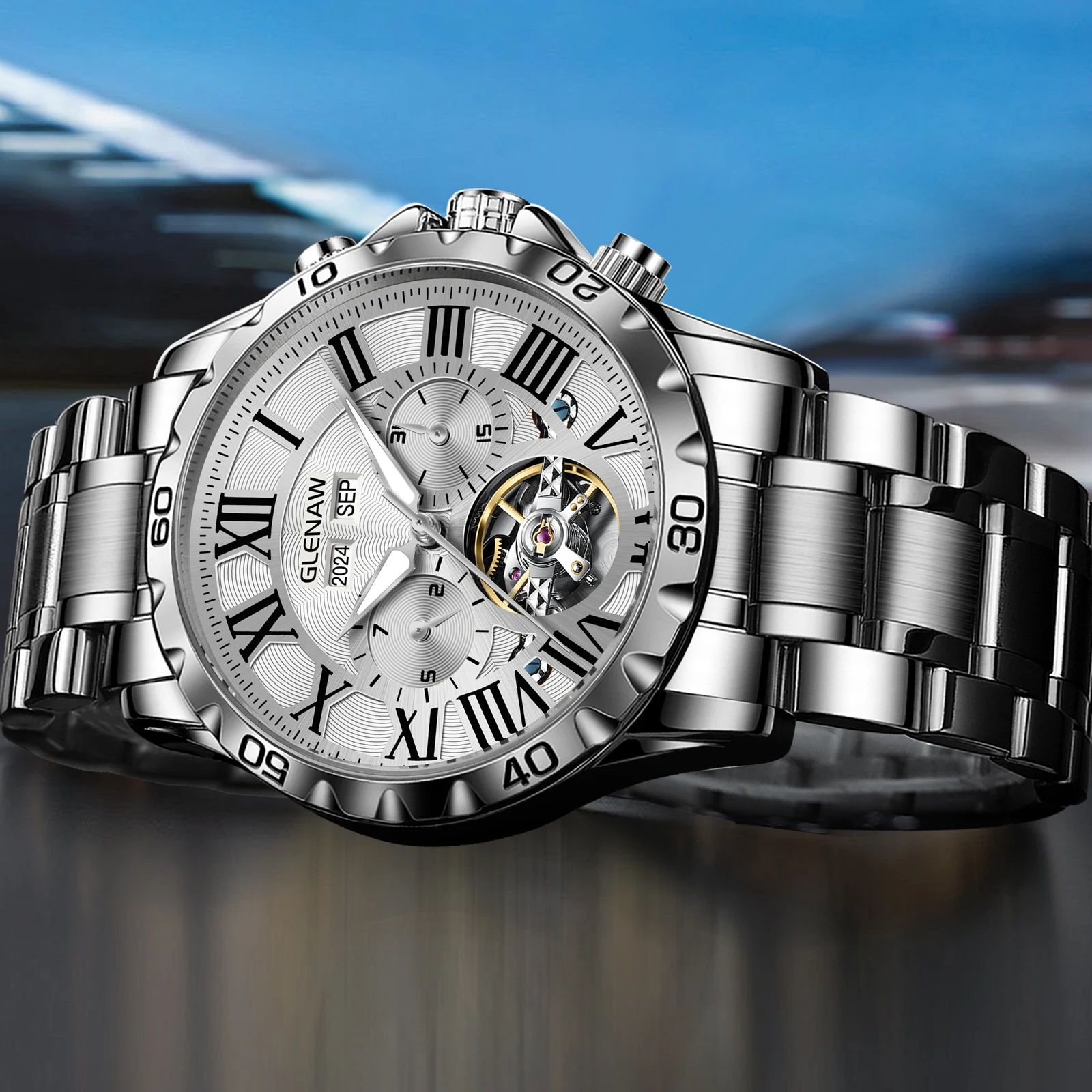 Reloj multifunción mecánico totalmente automático de marca Glenaw de alta gama para hombre, reloj resistente al agua a la moda y a la moda