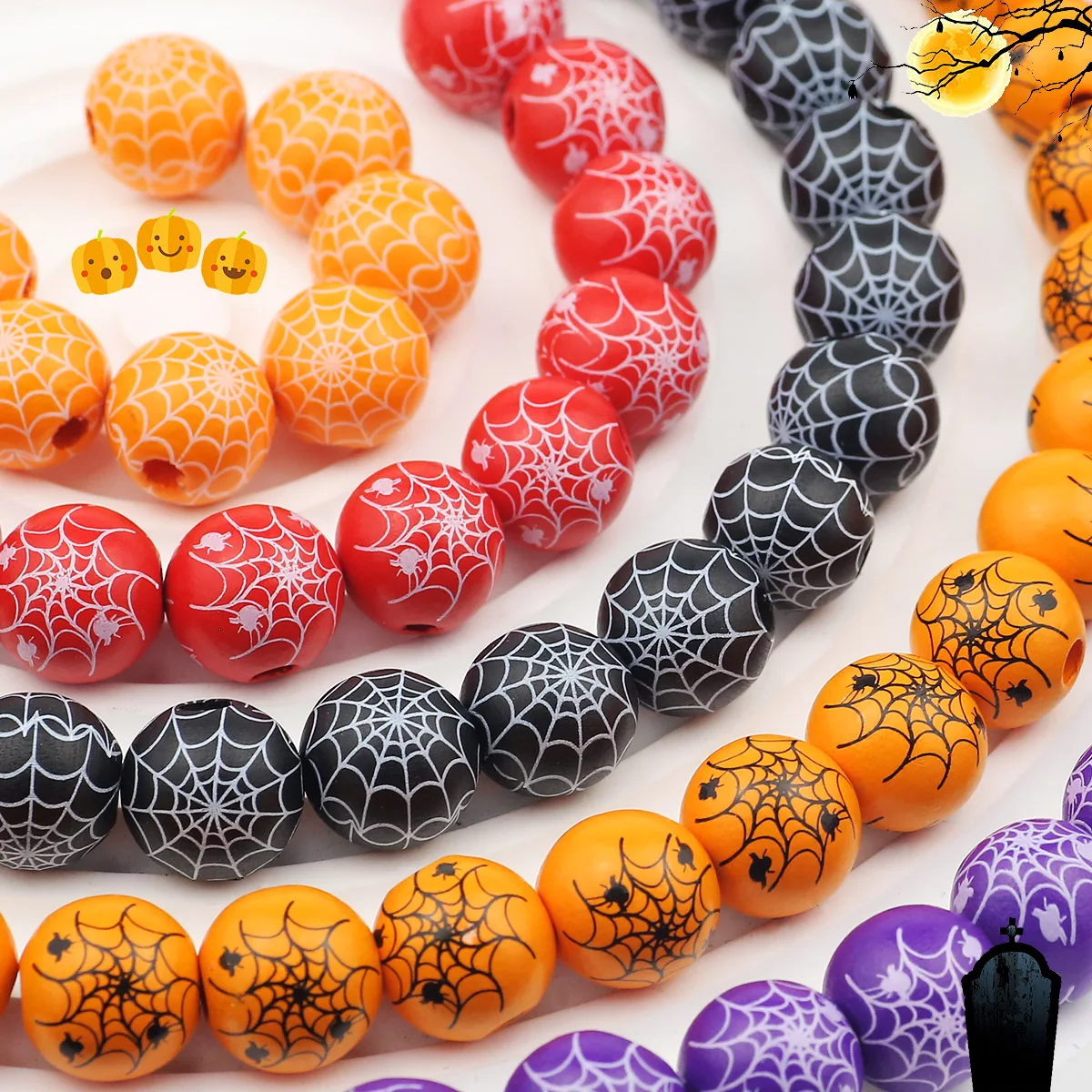 16mm Multi-Pattern Printed Wooden Beads for Halloween Party Decorations DIY Jewelry Making Beaded Bracelets Necklace Accessories