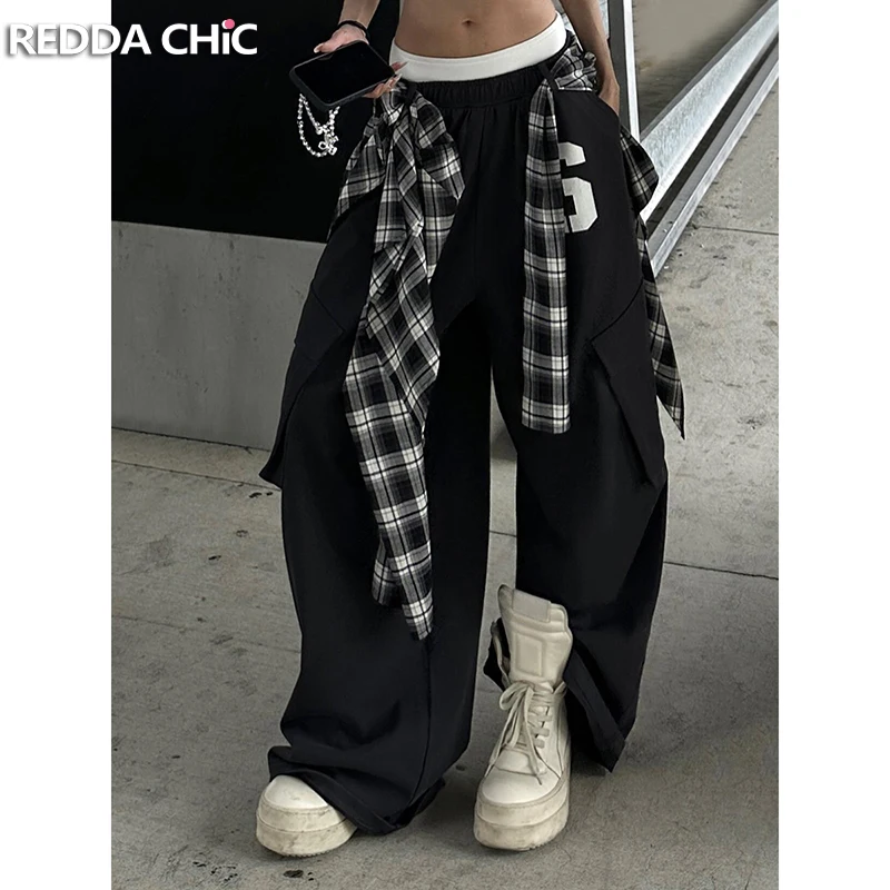 

REDDACHiC Elastic Double Waist Dress Pants with Coverups Black Cargo Pockets Baggy Sweatpants Hip Hop Dancer Women Streetwear