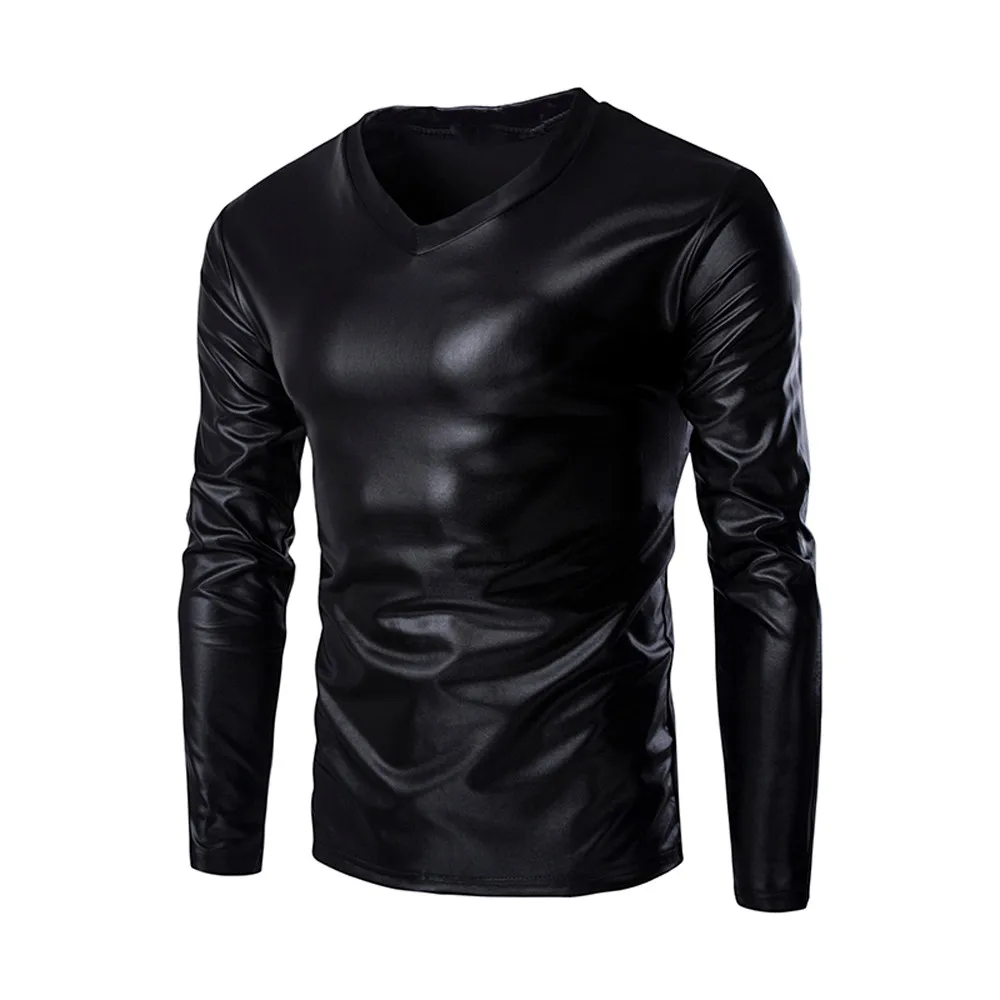 Fashion Mens Shiny Wet Look Long Sleeve T-shirt Top Slim Fit V Neck Blouse Nightclub Style Long Sleeve Tops For Men