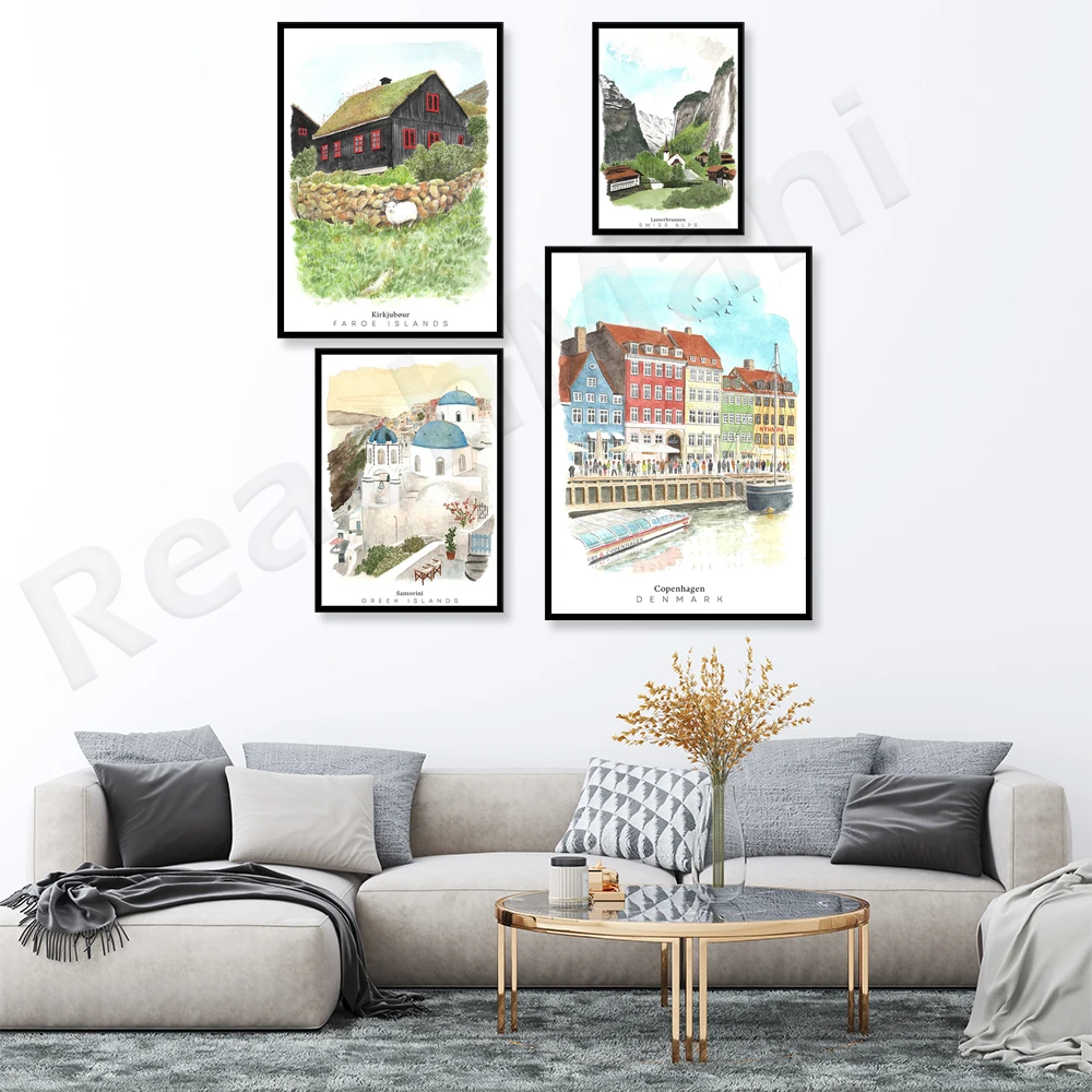 Faroe Islands, Denmark, Copenhagen, Newport, Santorini, Cyclades, Swiss Alps, Lauterbrunnen, Switzerland watercolor travel poste