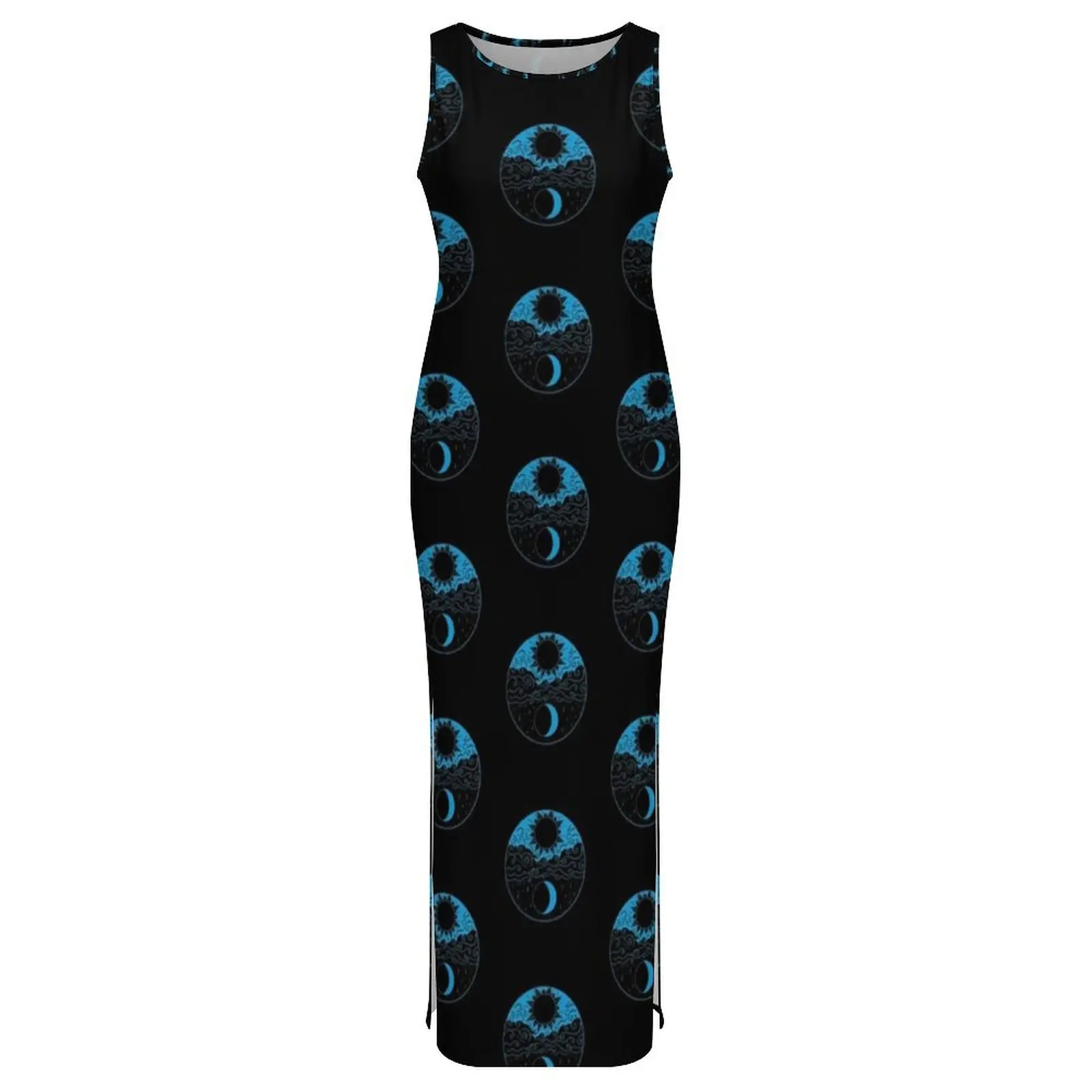Vrouwen Bodycon Jurk Slanke Sexy Symbool Nacht Dag Maxi Jurken Lente Zon En Maan Print Mouwloze Y2K Fashion Design Jurk