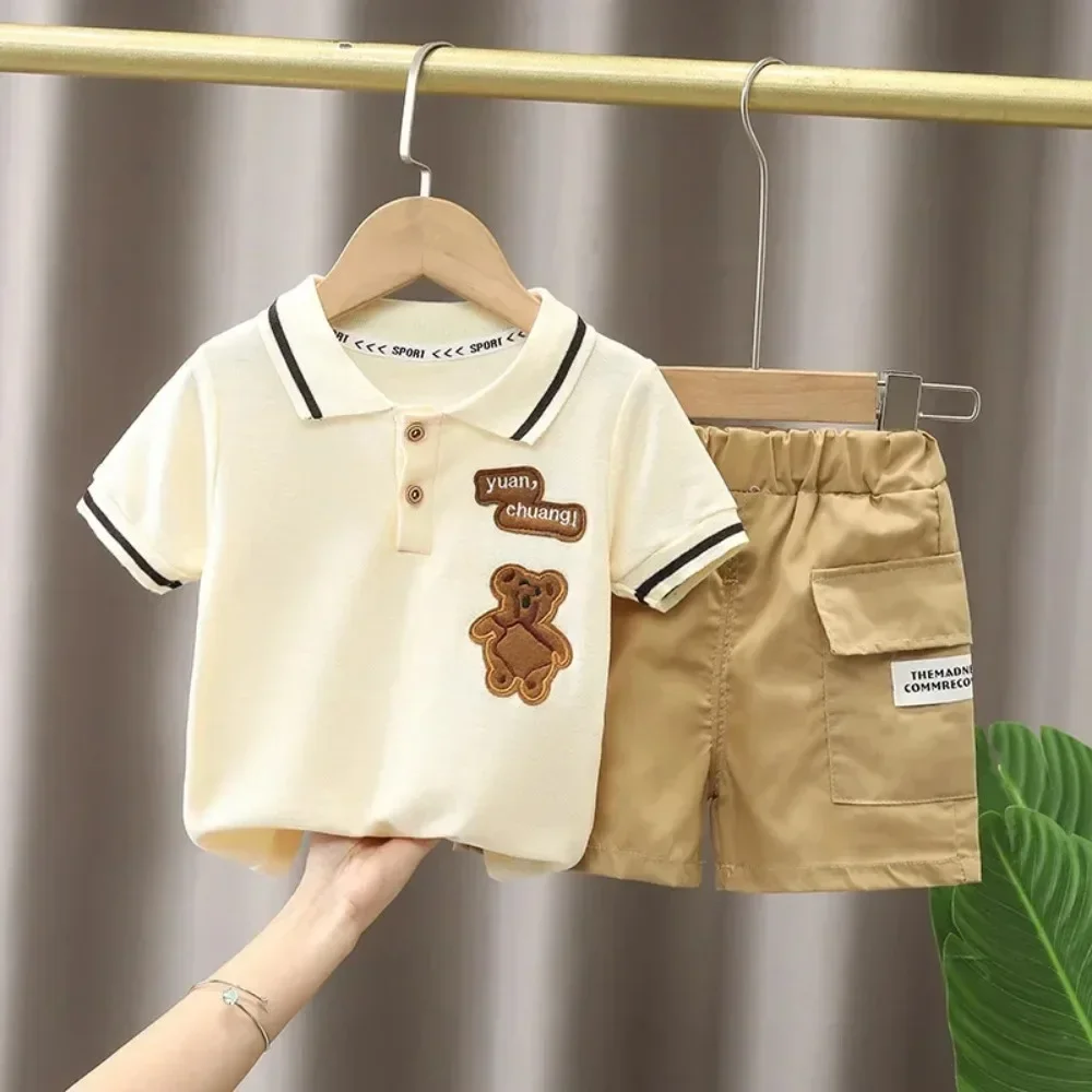 Two-piece Set Boys' Summer Clothes Children's Short-sleeved Suits Summer New Style Baby Boys' Fashionable Striped Polo Shirts