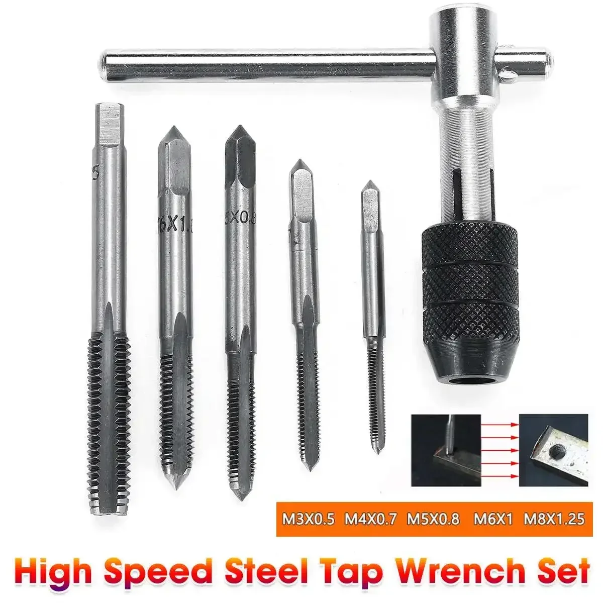 Adjustable 3-8mm T-Handle Ratchet Tap Wrench Set Hand Tools Kit with M3-M8 Machine Screw Thread Metric Plug Tap Machinist Tool