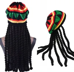 Vintage Jamaican Rasta Black Wig Long Hair Hat Dreadlocks Braid Beanie Knit Cap Stage Hip Hop Dance Headwear Dreadlocks Wig Hat