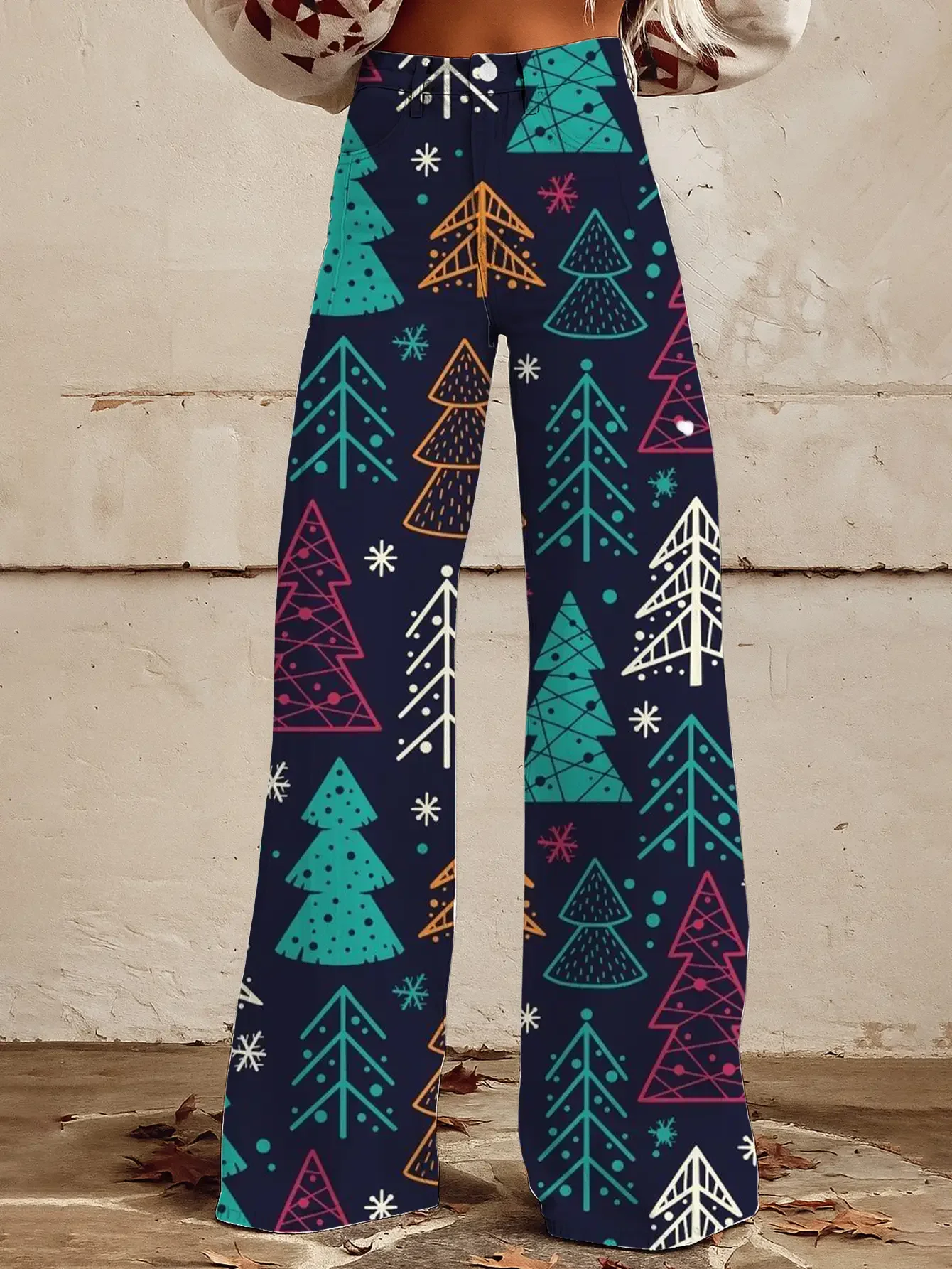 

Women's fashionable outdoor jeans, retro printed casual pants, wide leg pants