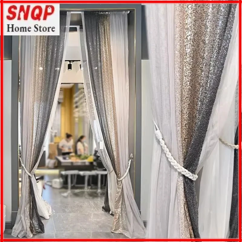 

Elegant Luxury White Tulle sheer Curtains for Living Room Dining Room Bedroom Transparent Gray Sequins Modern Bay Window Door