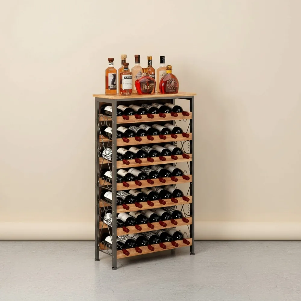 

8-Tier Wood Top Wine Rack, Holds 48 Bottles Freestanding Floor Stand, Rustic Farmhouse Style for Kitchen Bar Display